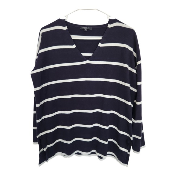 Lafayette 148 New York Striped V Neck Sweater Womens Size S Navy Blue White Fall - Picture 1 of 7
